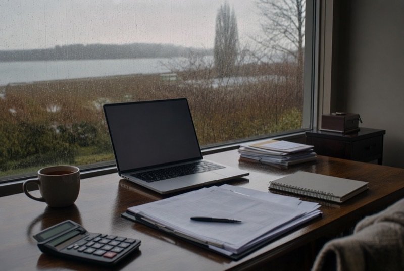 Laptop, calculator and sorted papers on a desk while rain runs down the window behind