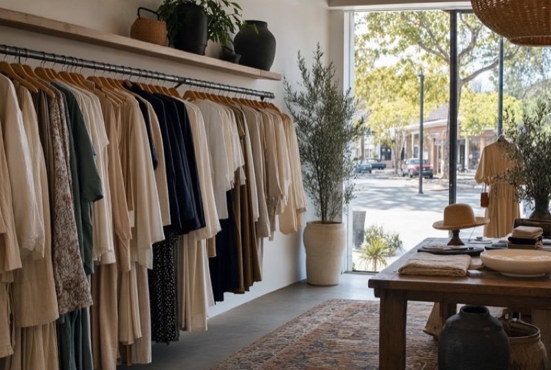 Retail industry SEO: garments spaced along a single rail and folded pieces on a wood table, lit from the window