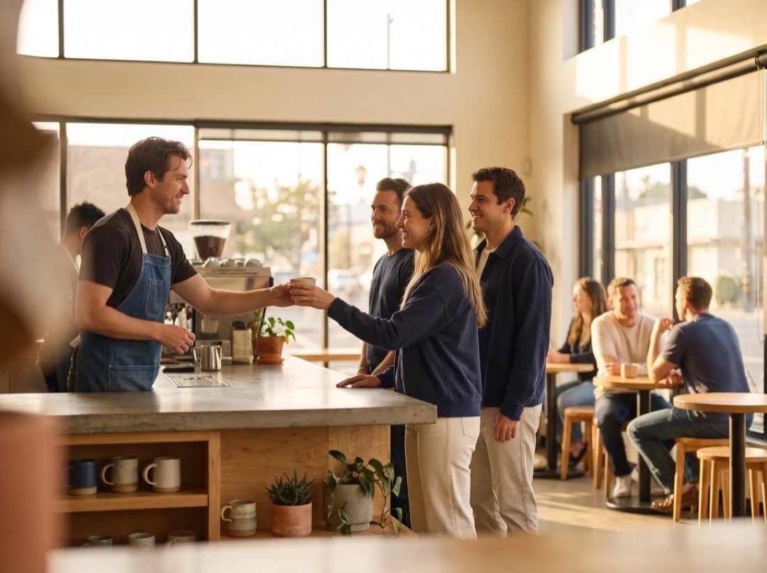 Friendly café counter where customers are being served while others sit at tables in warm afternoon light