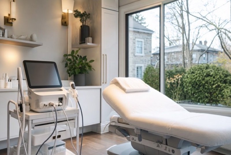 Calm treatment room with a white bed, a device on a trolley and orderly shelves in daylight