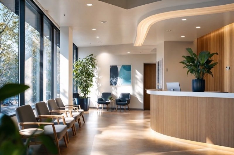 Dental industry SEO: a bright practice reception with a curved wooden desk, a row of chairs and tall windows