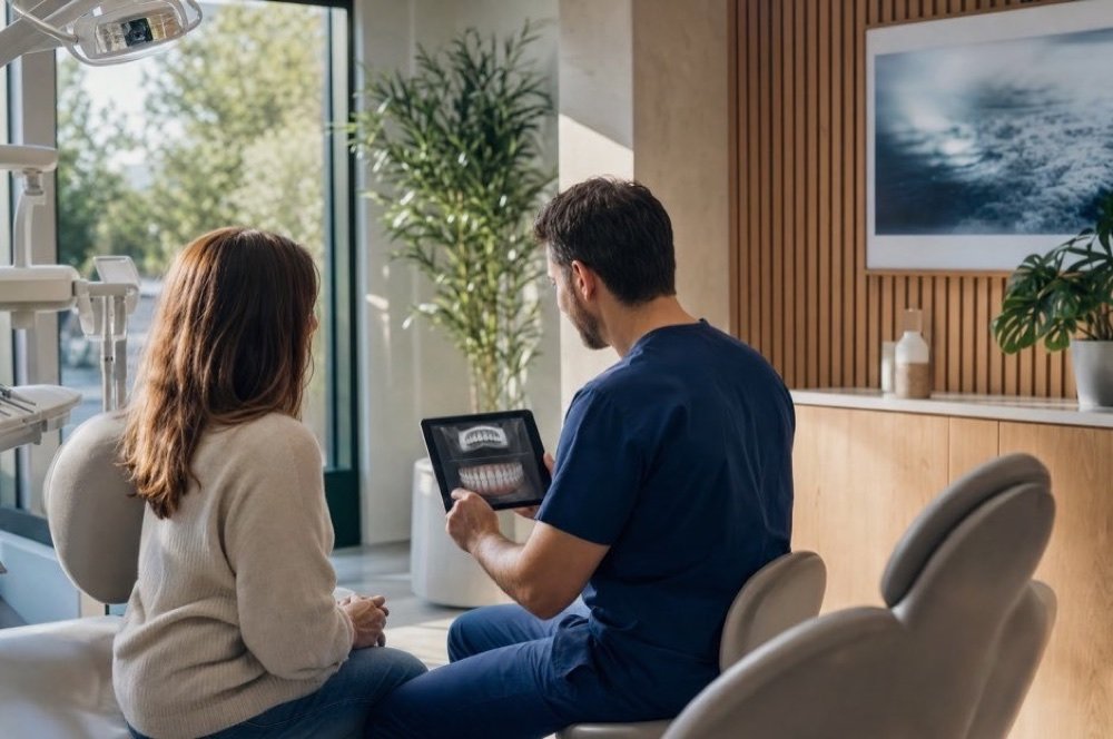 A dentist going over a treatment plan with a seated patient in a bright consulting room