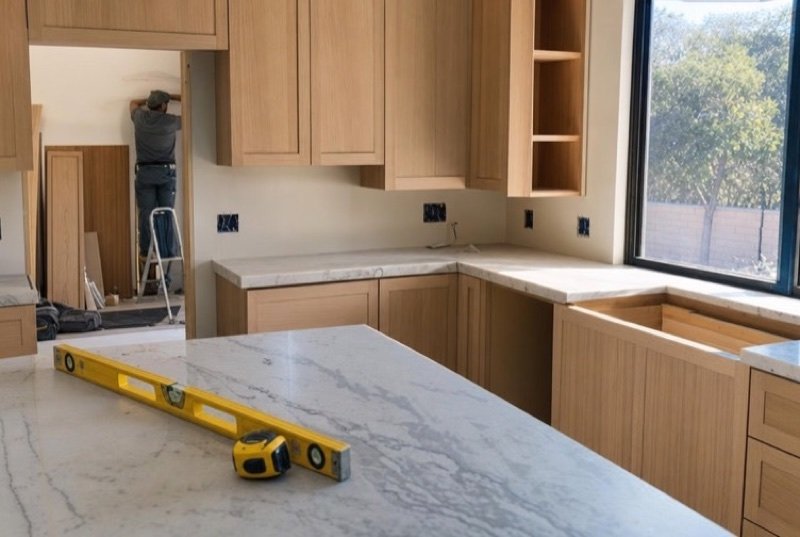 Remodeling industry SEO: a kitchen partway through a remodel, pale wood cabinets going in, a level on the counter