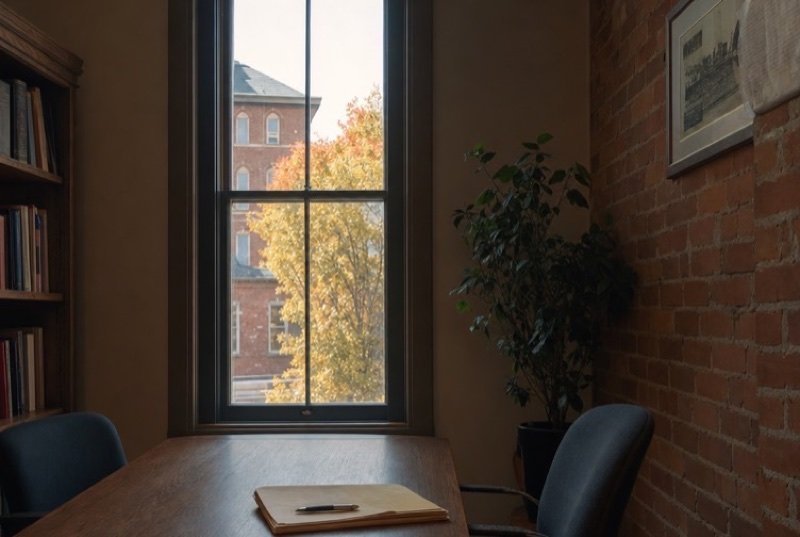 Quiet law office meeting room with a folder of papers resting on a wooden table