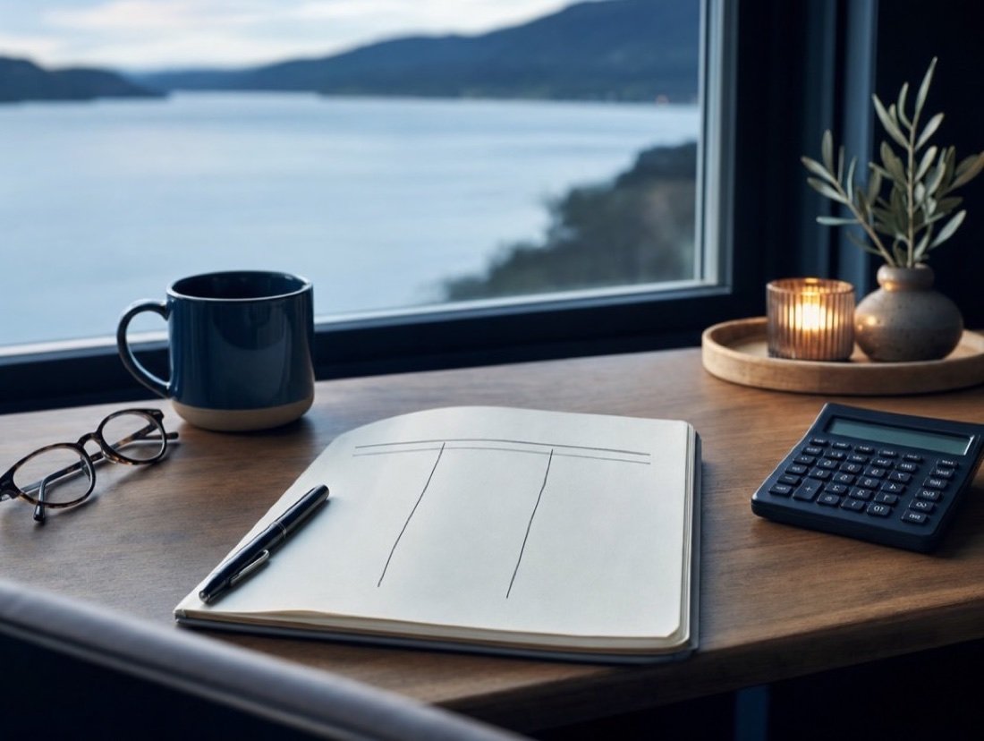 Notebook lying open next to a calculator and a coffee mug, with water and low hills through the window glass