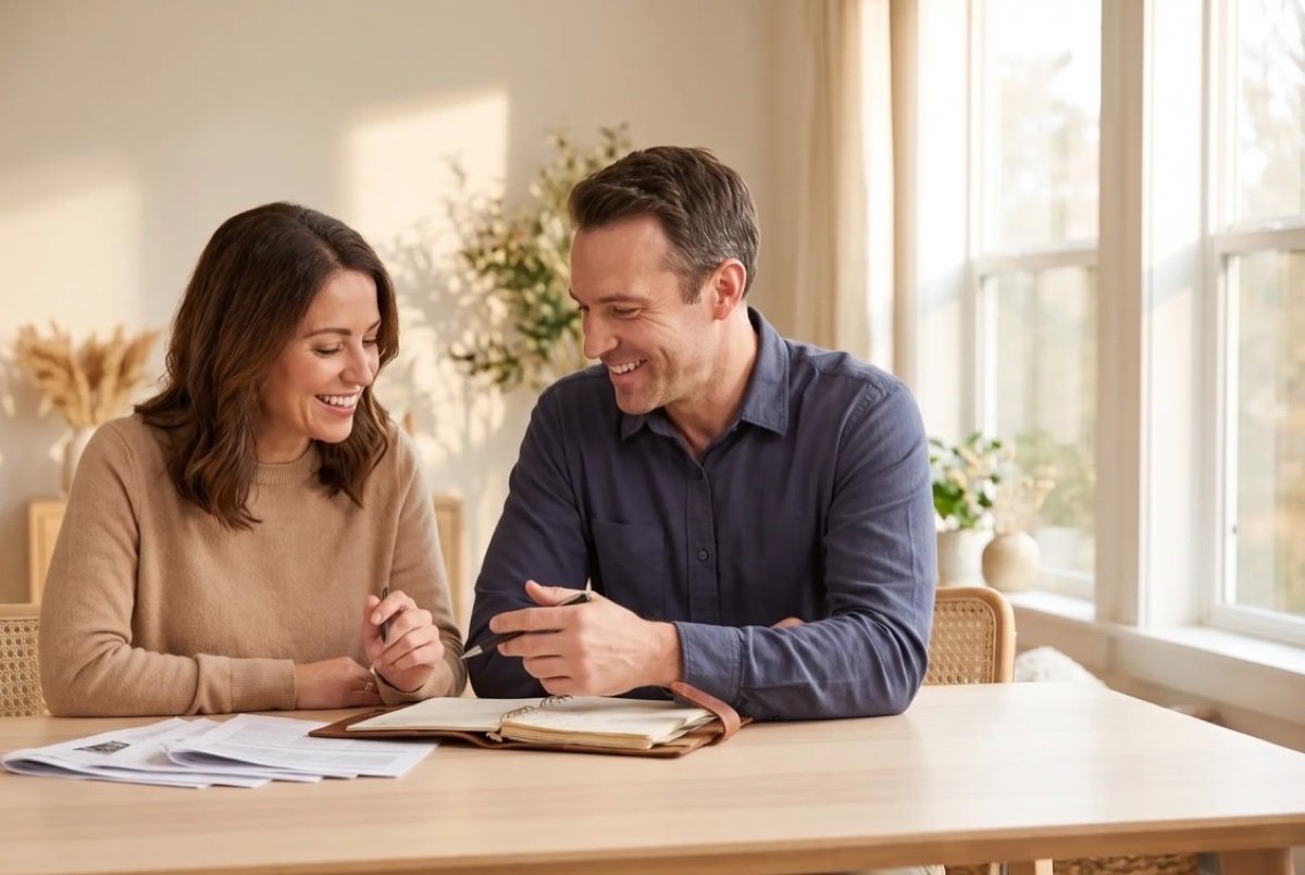 Two people smiling across a sunlit wooden table, a planner and printed pages spread out between them