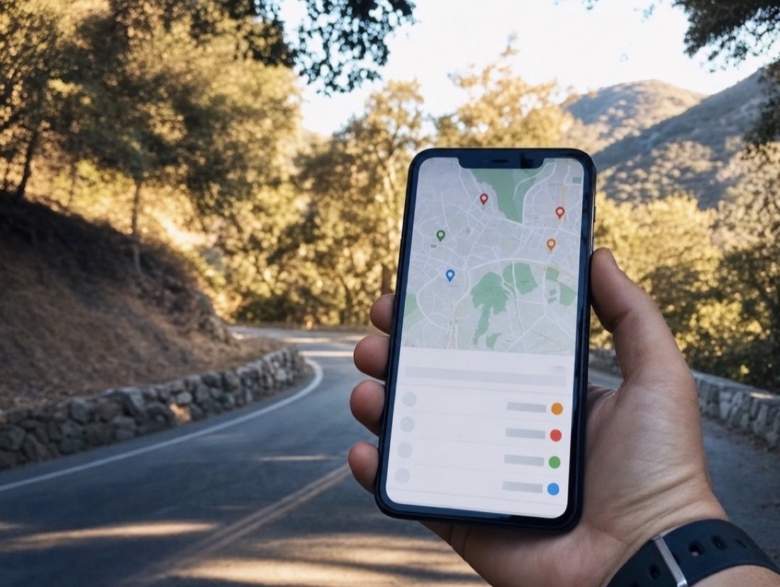 Phone held at arm’s length showing a local map with pins and listings, oaks and a stone wall along the blurred road beyond