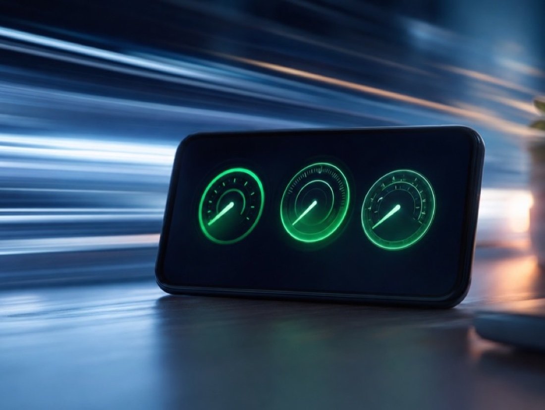 Three gauges reading green on a phone screen, the desk around it smeared with motion streaks