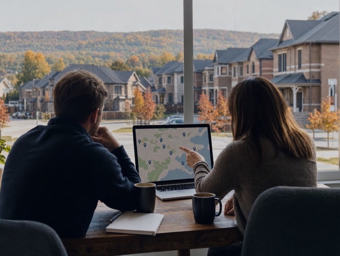 Pair of colleagues studying a street map on a laptop screen, a row of homes outside the window behind them