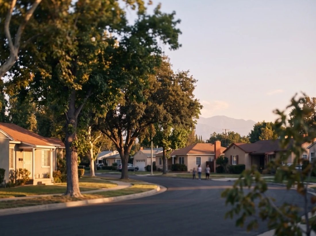 Single-story ranch houses under large shade trees at golden hour, the kind of street Palo Alto home buyers search for
