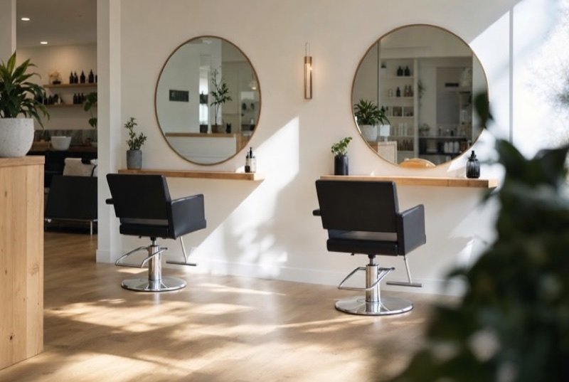Minimalist hair salon with two styling chairs, round mirrors, pale wood floors and potted plants