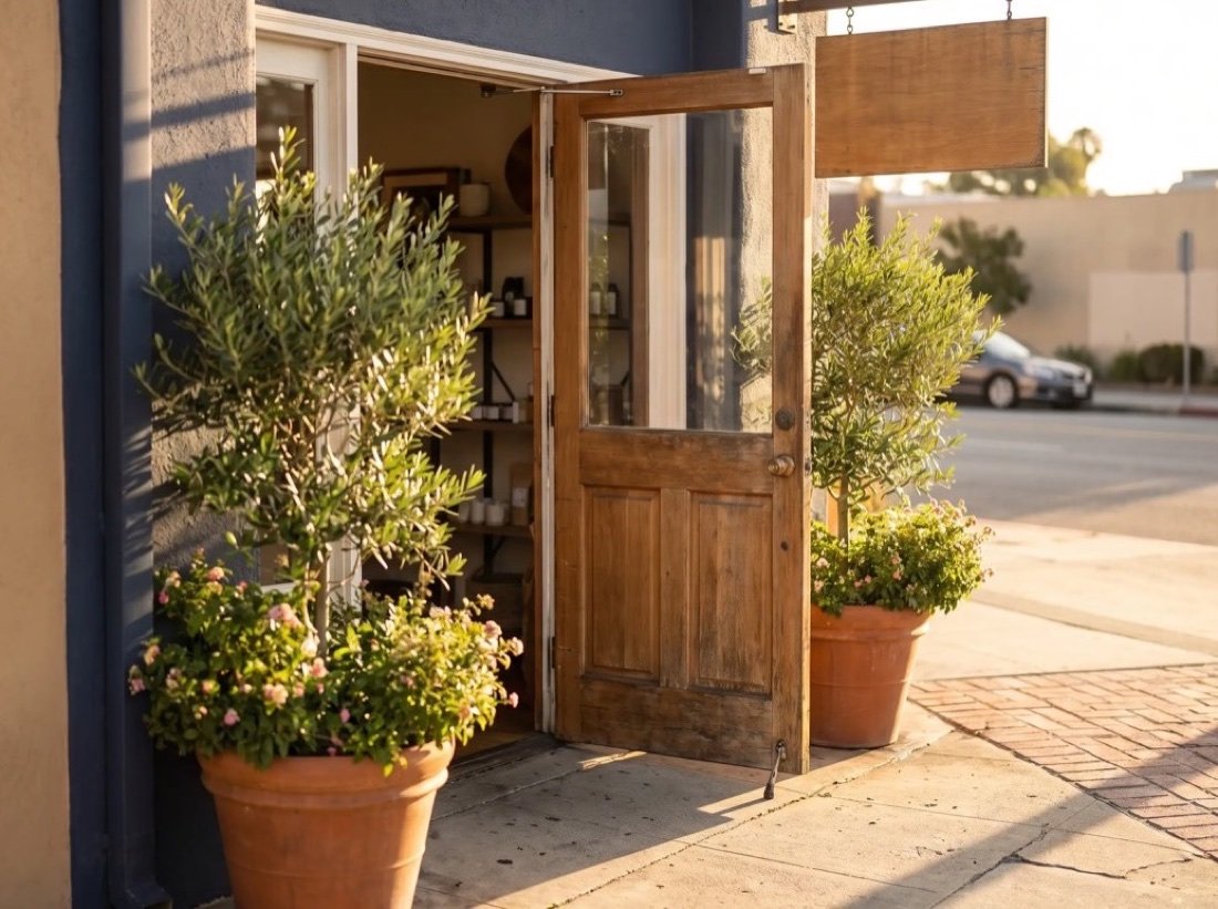 Weathered wooden doorway left open, flanked by olive trees in pots and bright flowers, in sunshine