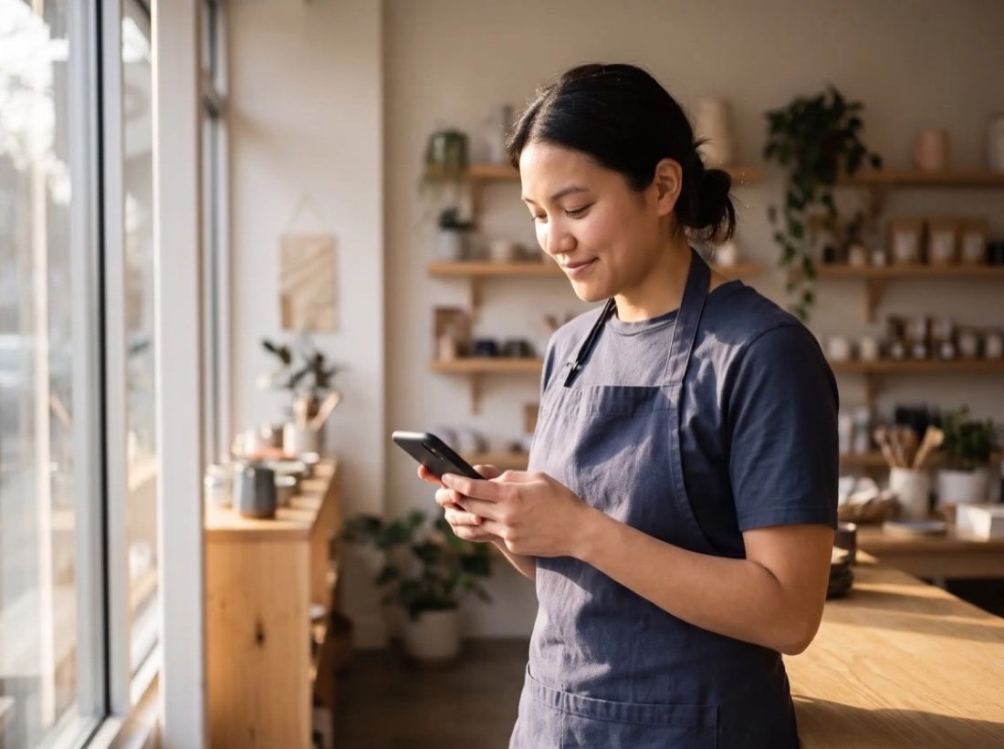 A shop owner in an apron smiling at her phone among wooden shelves and plants