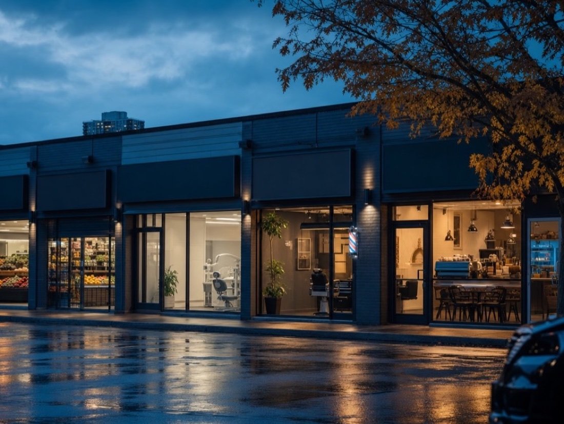 Low modern row of shops and cafés with glowing windows along a wet street at dusk, autumn trees overhead