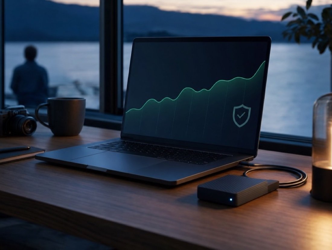 Laptop displaying a security shield and an uptime chart beside a backup drive at dusk