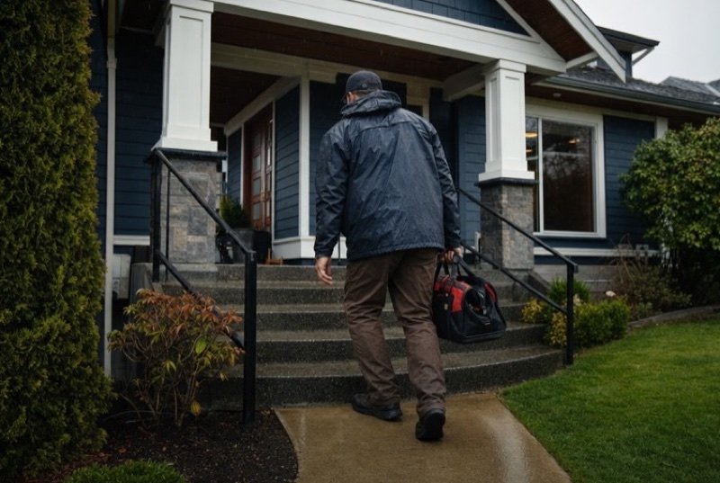 Tradesperson carrying a tool bag toward a house in the rain