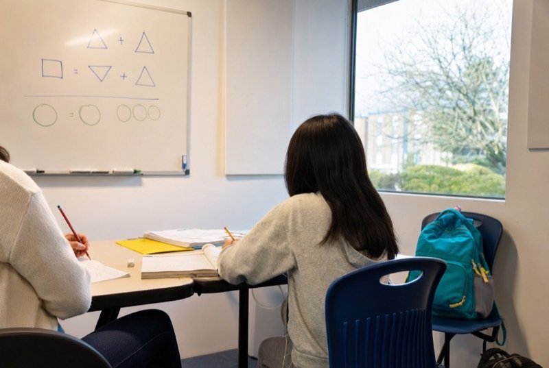 Bright tutoring room with simple shapes on a whiteboard, workbooks on desks and two students seen from behind