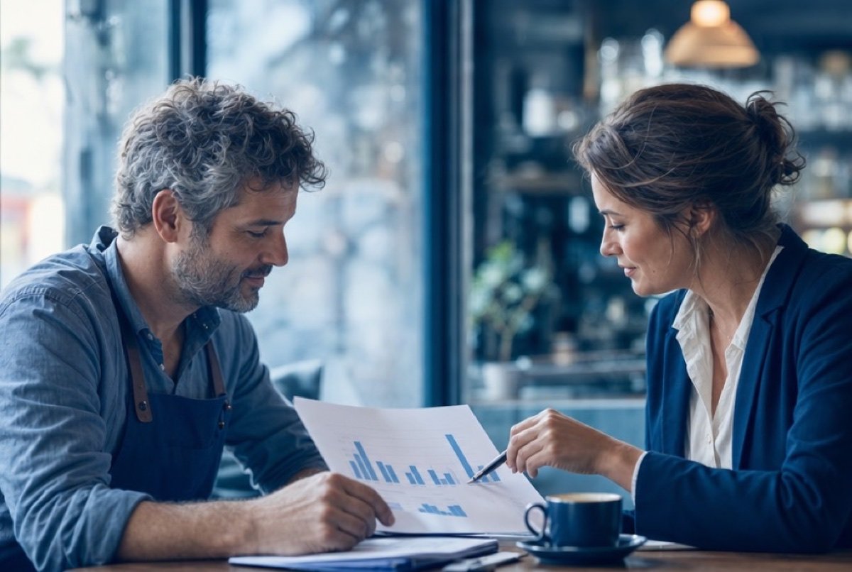 A café table where two colleagues lean in over a printed report