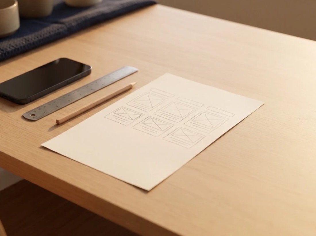 Pencil wireframe of a web page beside a steel straightedge and a phone, all on blond wood